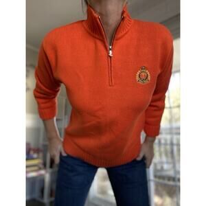 LAUREN RALPH LAUREN Vintage Stitched Monogram 1/2 Zip Sweater Orange Red S